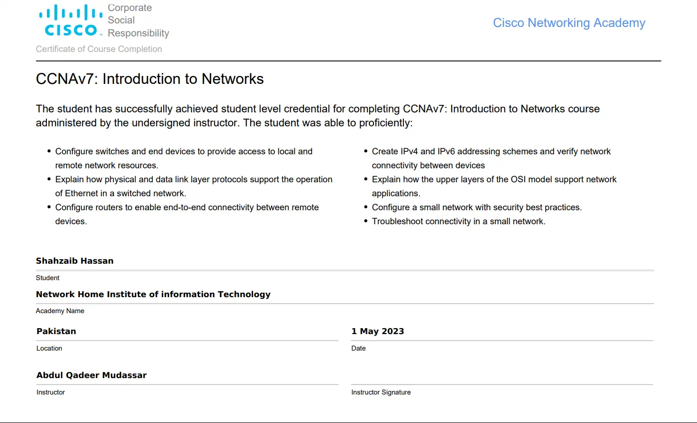 CCNA v7 Introduct Certificate